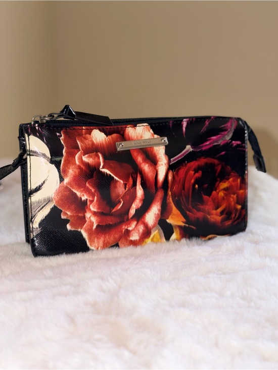 Nine West Handbags - Nine West Floral Zip Mini Shoulder Purse- Black with Red Rose Print
